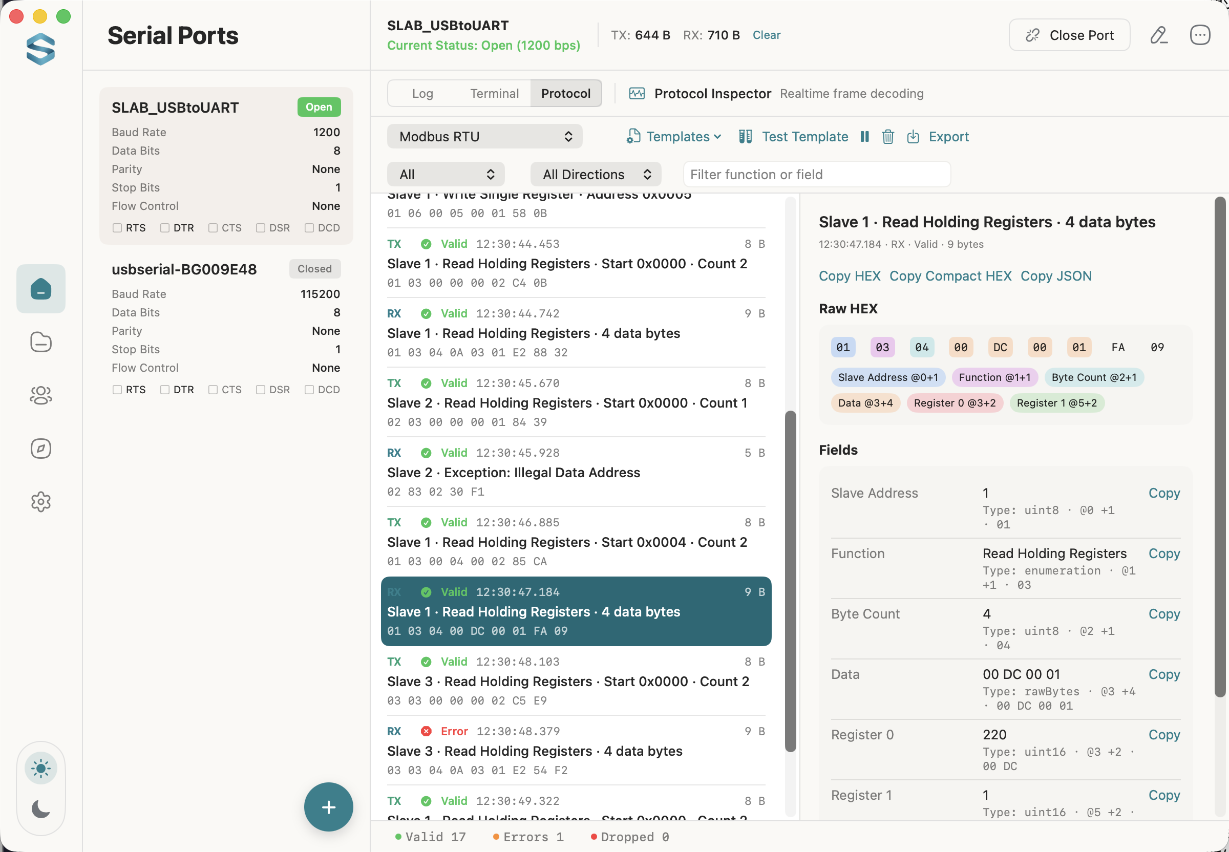 Protocol Inspector decoding live Modbus RTU frames