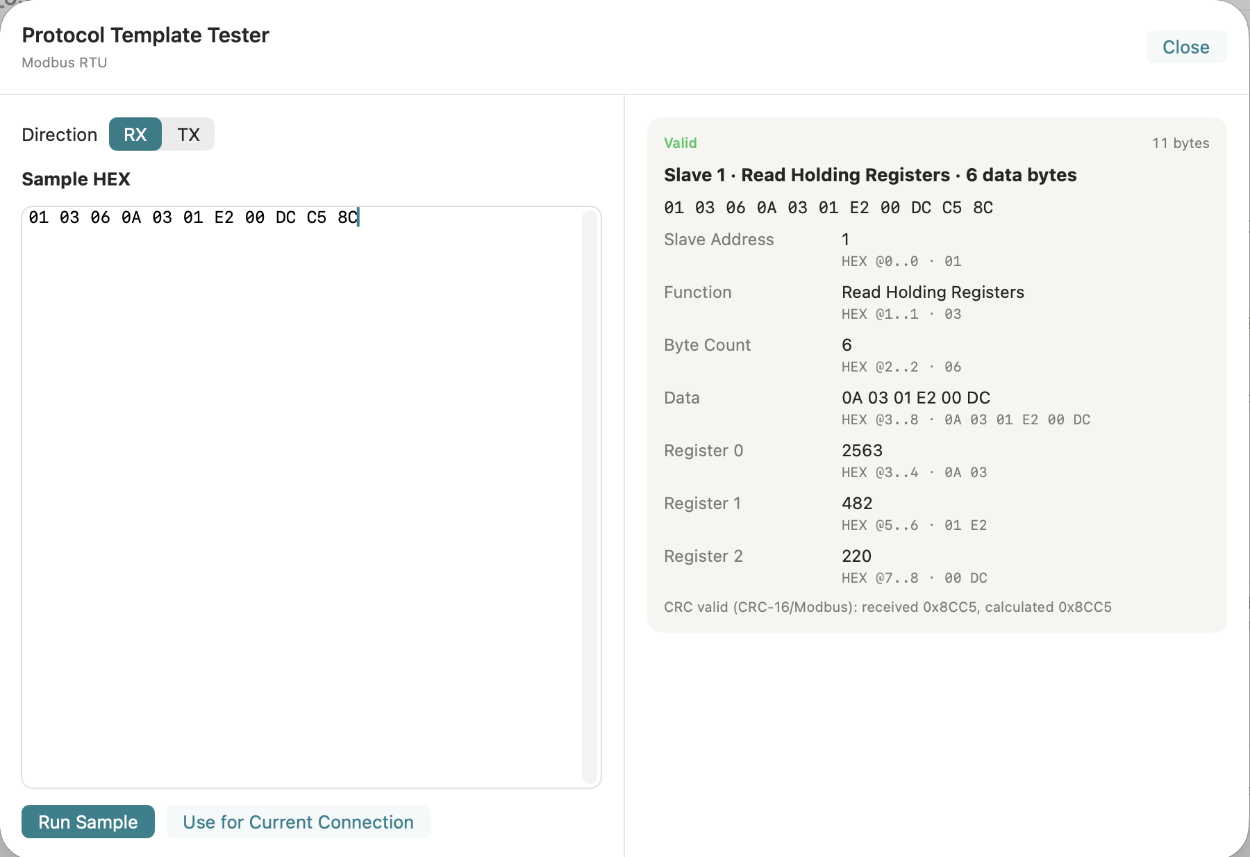 Protocol template tester validating a pasted HEX sample